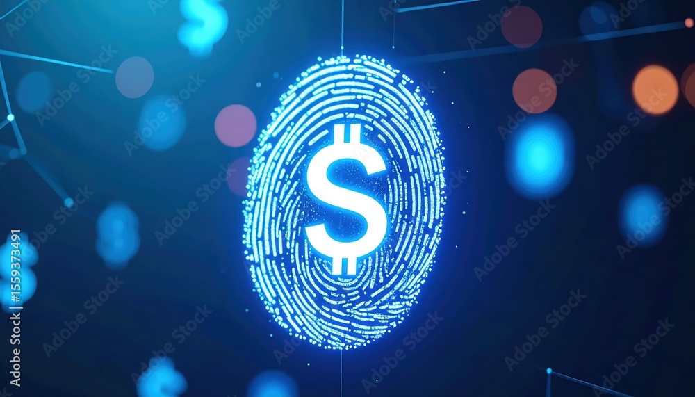 Poster digital technology concept featu a glowing blue fingerprint with a dollar sign in the center on a da