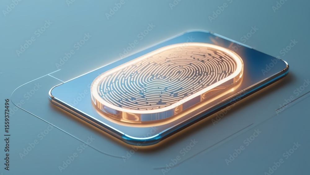Poster close-up of a modern smartphone with a glowing fingerprint scanner on the screen showcasing biometri