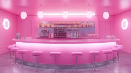 Stylized Retro-Themed Pink Bar Interior with Circular Counter and Neon Lighting Highlighting Pink Stools and Glassware in a Vibrant Setting