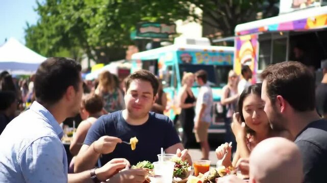 Outdoor food festival with diverse food trucks, visitors sampling gourmet dishes, sunny day, joyful atmosphere.