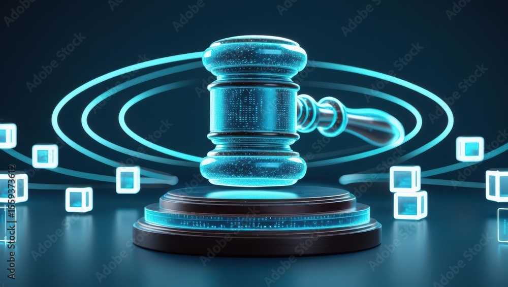 Poster futuristic digital gavel with glowing s and interconnected cube icons representing virtual justice a