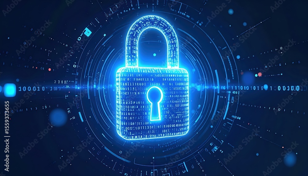 Poster high tech digital security padlock in glowing blue with digital code and cybersecurity icons represe