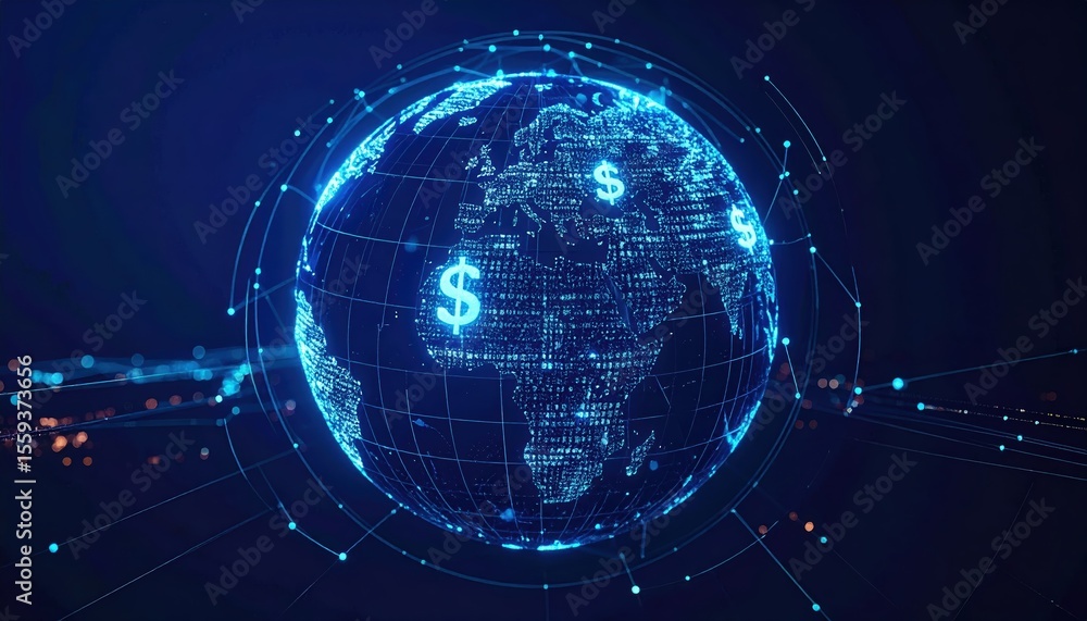 Poster digital earth globe with global network connections and floating dollar signs representing internati