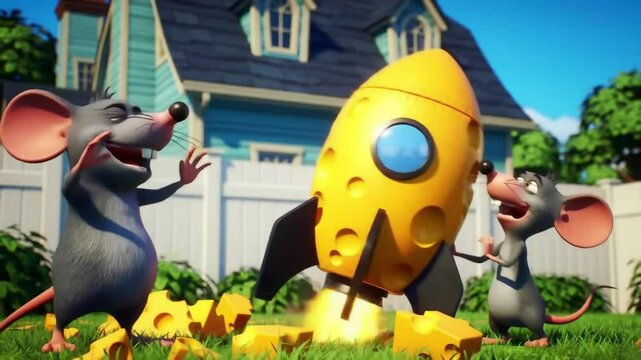 Two cartoon mice building a rocket out of cheese in a backyard, fast-paced comedic timing and wacky physics"