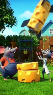 Two cartoon mice building a rocket out of cheese in a backyard, fast-paced comedic timing and wacky physics"