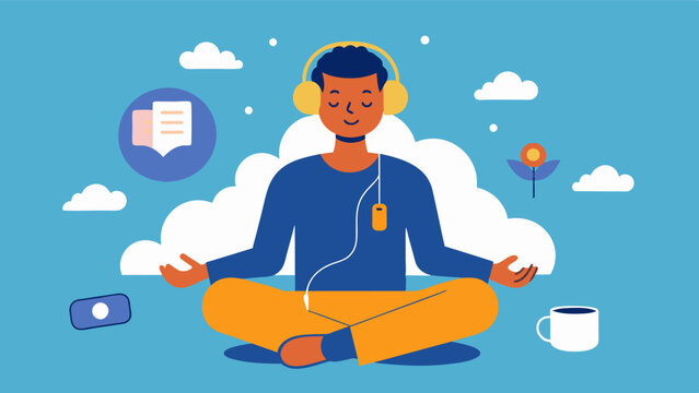 An illustration of a person with anxiety disorder using music therapy to calm their racing thoughts and promote deep relaxation by listening to a customized playlist of guided. Vector illustration
