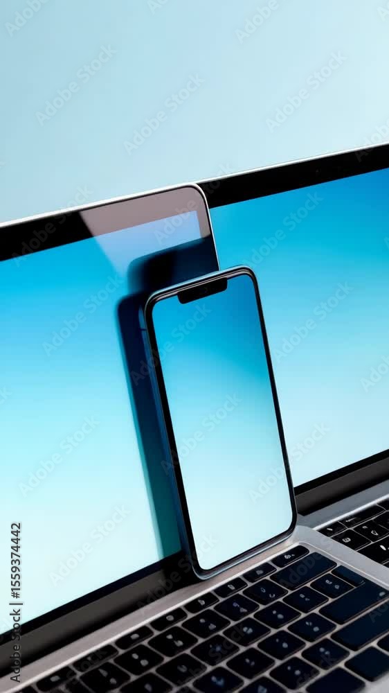 Poster laptop computer and smartphone with blank screens on a light blue surface, emphasizing mobile techno