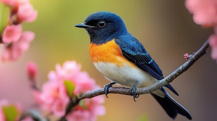 A beautifully vibrant bird perched gracefully on a blooming branch surrounded by soft pink flowers, highlighting the serene beauty of nature.