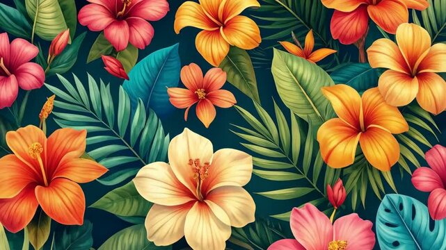 Vibrant tropical floral pattern featuring colorful hibiscus flowers and lush palm leaves on a dark teal backdrop, evoking a summer feel.