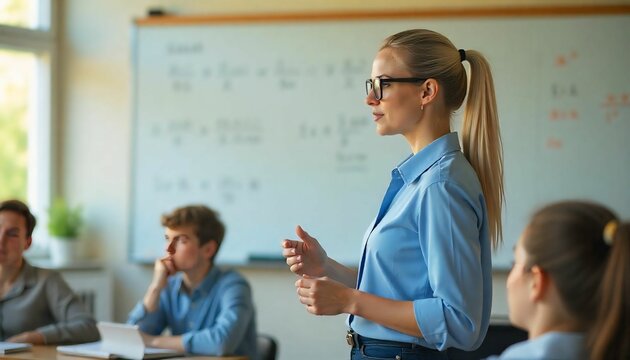 Teacher explaining math formulas on a whiteboard in a classroom, students paying attention