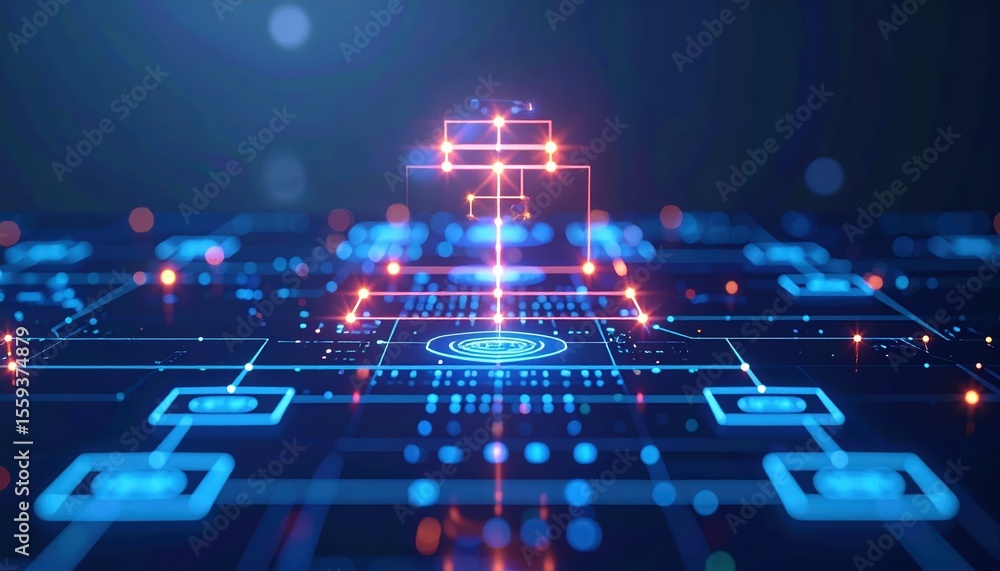 Poster futuristic digital circuit board with interconnected glowing lines and nodes representing advanced t