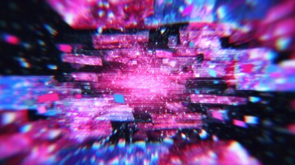 Abstract digital art with vibrant pink and purple hues, featuring dynamic geometric shapes and a sense of motion and depth.
