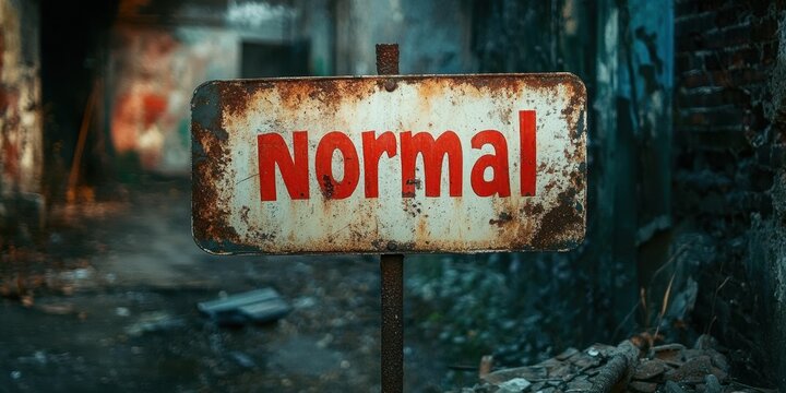Rustic Sign Displaying the Word "Normal" in Bold Red Letters Stands Against a Blurred Urban Background Evoking Vintage and Artistic Vibes
