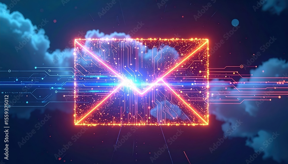 Aufkleber futuristic digital email envelope glowing with vibrant neon lights and data streams in a cloudscape,