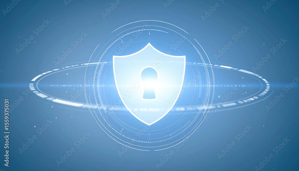 Poster digital security shield with lock icon representing data protection and cybersecurity in a futuristi