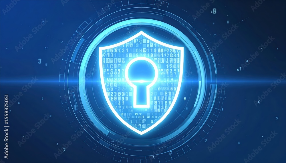 Poster advanced digital security shield icon with glowing blue lock symbol representing cybersecurity prote