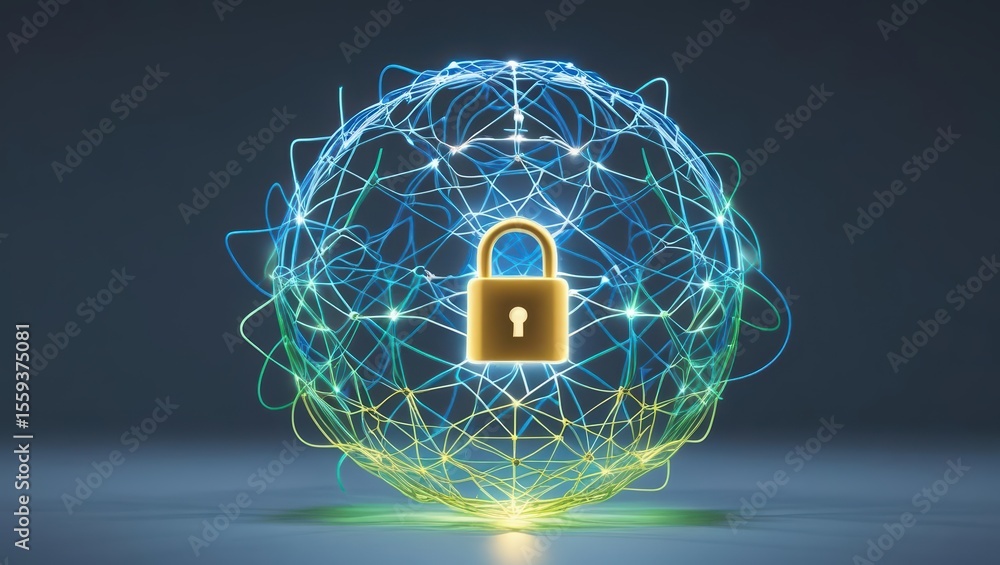 Poster Digital security concept featu a glowing interconnected sphere surrounding a secure lock symbol representing cybersecurity protection and data privacy