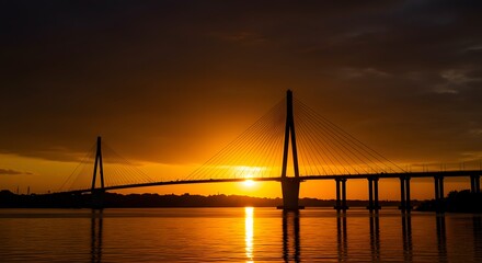Sunset Bridge Silhouette: A majestic cable-stayed bridge stands tall against a vibrant sunset, its silhouette sharply defined against the fiery sky. The tranquil water reflects the warm colors.