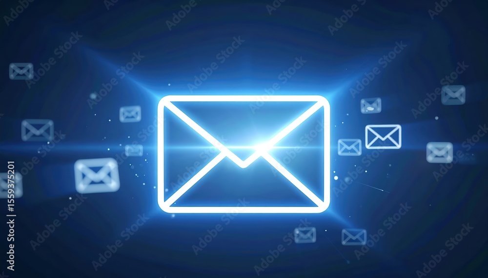 Poster digital communication concept with glowing email envelope icons in a modern futuristic style represe