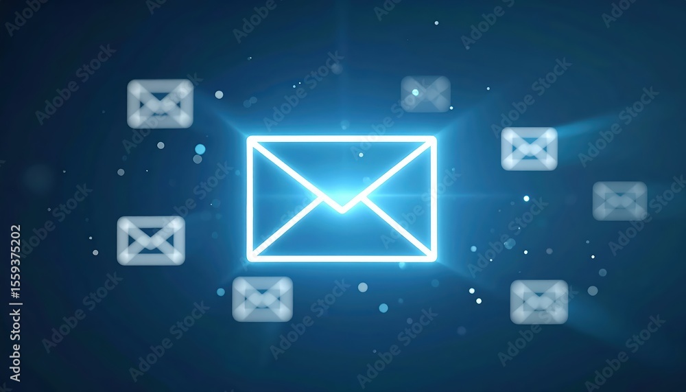 Poster digital email notification concept with glowing envelope icons on a modern blue background for commu