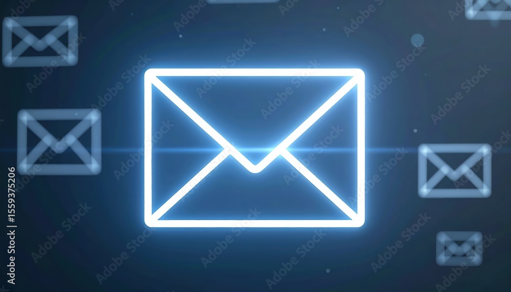 Poster bright glowing email envelope icon with digital messages floating around in a modern technological b