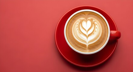 Overhead view of a white cup of latte coffee with heart art on a red saucer