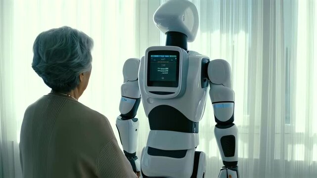 Medical robot with tablet backplate stands still, design sleek and alert, ready for caregiving, smooth limbs blend with tech lines, white glow softens presence in care space