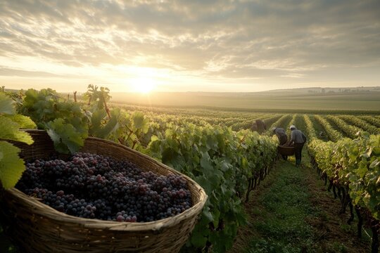 Workers gather ripe grapes in a vineyard during sunset, surrounded by rows of lush vines. The golden light casts a warm glow over the scene, creating a tranquil atmosphere
