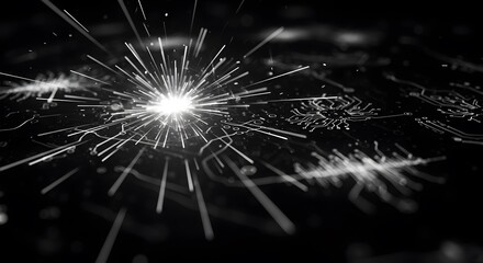 Fototapeta premium A bright light emitting sparks on a dark surface with circuit board patterns visible