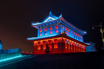 Shanhaiguan Great Wall at night， The word in the photo translates as 