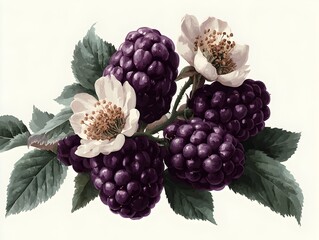 Detailed botanical illustration shows ripe blackberries with blossoms and leaves on a white background art.