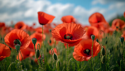 Fototapeta premium close up of red poppy flowers in a field