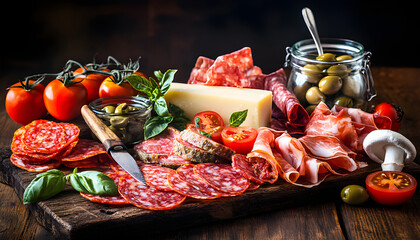 Italian food. Various kind types of salami, speck, sausages, parmesan cheese, green olives, basil and fresh tomatoes on a wooden table