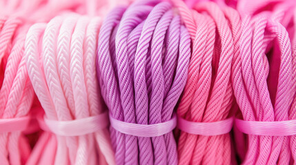 Bundles of braided ropes in shades of pink and purple are neatly arranged side by side. Colorful, textile, crafting, material, vibrant