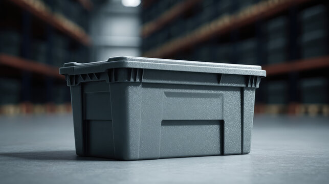 A gray plastic storage bin sits on the floor of a warehouse aisle. Industrial storage solution concept