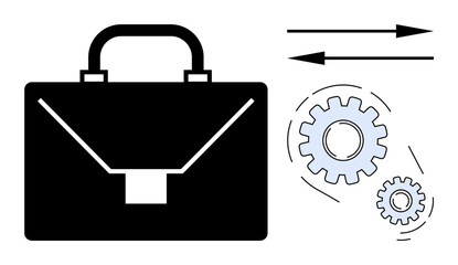 Black briefcase symbolizing business with adjacent gears and two arrows conveying collaboration, efficiency, and process flow. Ideal for business planning, team effort, workflow, strategic