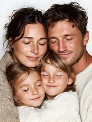 Fototapeta premium A serene family of four embraces with eyes closed, sha a loving moment in cozy neutral toned sweaters.