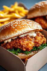 Crispy chicken burger with lettuce, sauce, and sesame bun in a cardboard box, accompanied by French fries in the background. Fast food, delicious meal