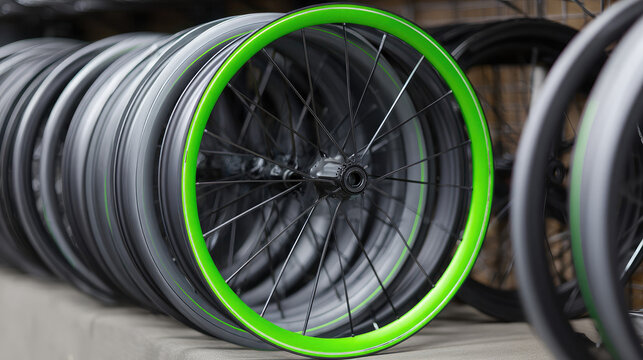 A bicycle wheel with a green rim is placed among other wheels on a shelf. Concept: cycling equipment, bicycle parts