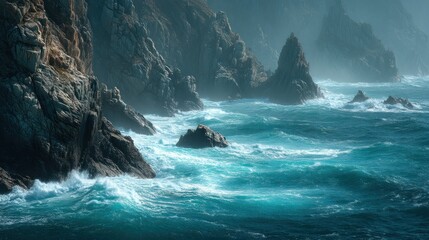 Dramatic rocky coastline meeting the turquoise ocean on a misty morning