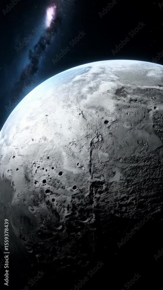 Wall mural scenic planet view with craters and atmospheric cloud cover in deep space against a backdrop of scat
