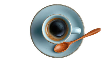 A top-down view of a coffee cup with saucer and spoon on a white background.