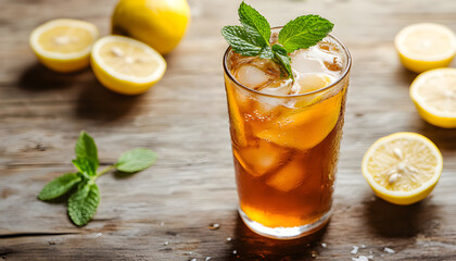 Fototapeta premium glass of ice tea with mint and lemon on wooden table