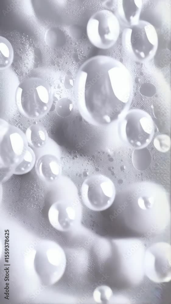 Poster macro shot of numerous glistening water droplets resting on a textured white surface, creating a cle