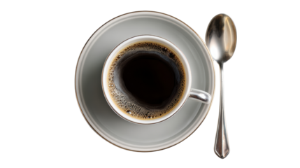 Black coffee in a gray cup with a spoon on a white background, perfect for coffee lovers and culinary art.