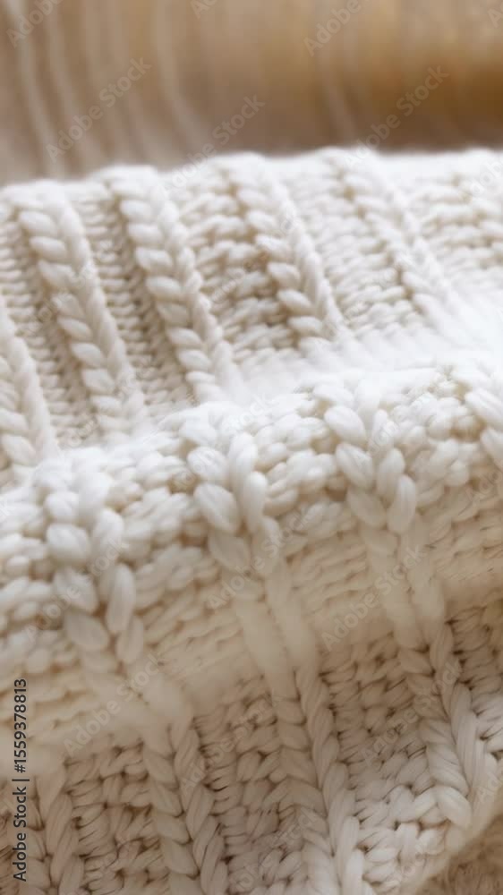 Poster close up on texture of thick cream knitted wool fabric with patterned stitches in rows and curves, c