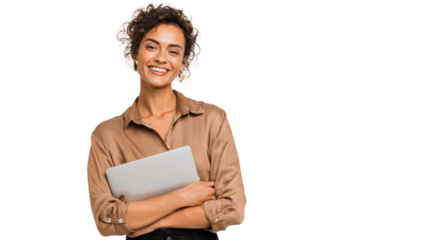 Confident woman smiling while holding a laptop, isolated on a white background.
