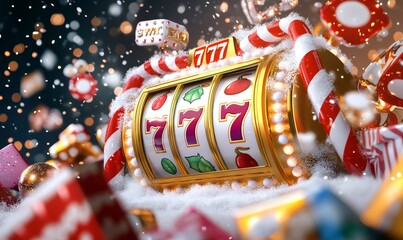 Golden slot machine displaying 777 jackpot surrounded by christmas decorations, candy canes, gifts and falling snow, ideal for holiday gambling themes