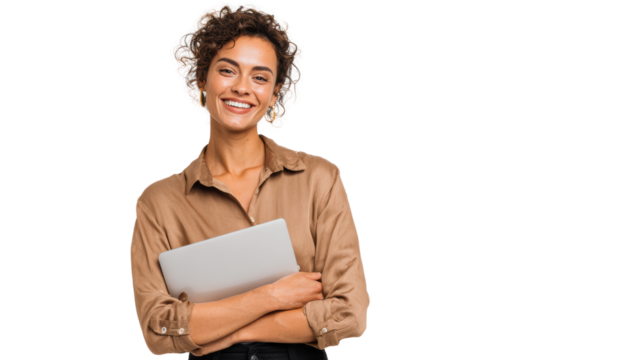 Confident woman smiling while holding a laptop, isolated on a white background.