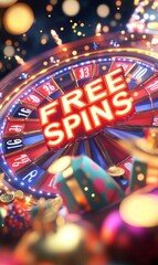 Roulette wheel displaying free spins in illuminated letters, surrounded by gift boxes, gold coins, and sparkling lights, creating a festive atmosphere